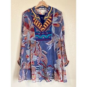 Soft Surroundings Blue Floral Tassel Embroidered Tunic Size L Shirtt 2EJ66